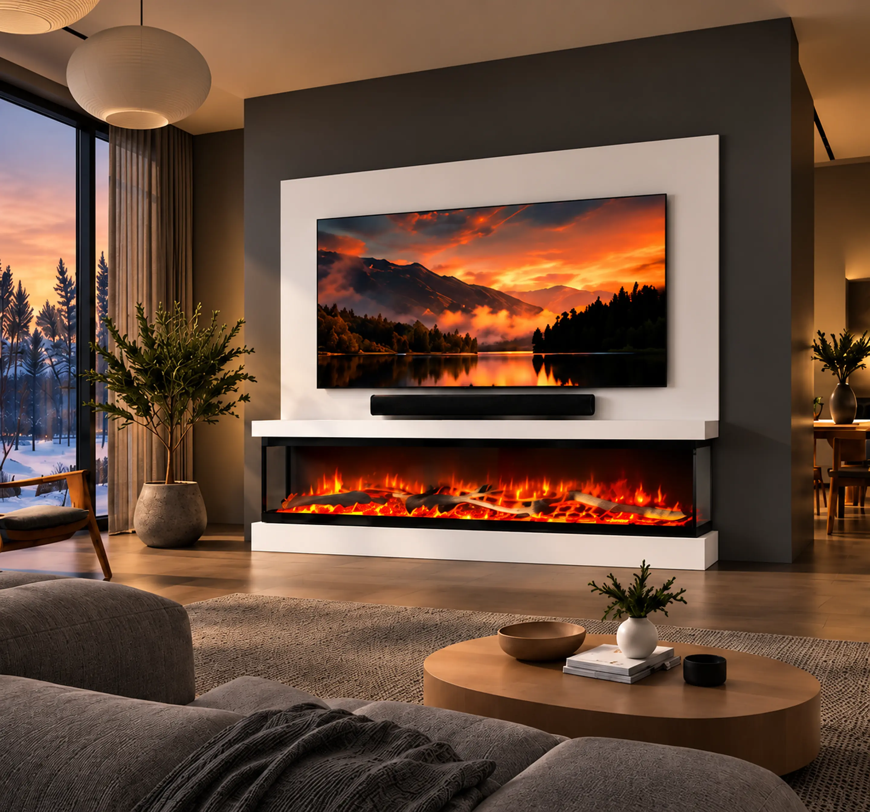 Ciemny salon z białą zabudową FlameWall i elegancką ścianką telewizyjną